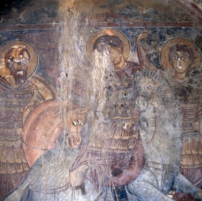 Święci na koniu, fresk w kościele w Kandanos, Kreta, Grecja, detal (zdjęcie) autorstwa Theodore Charles Ange Coquelin