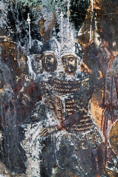 Żołnierz, uszkodzony fresk na suficie kościoła Agios Vasileios, Vavouledo, Kreta, Grecja (zdjęcie) autorstwa Theodore Charles Ange Coquelin