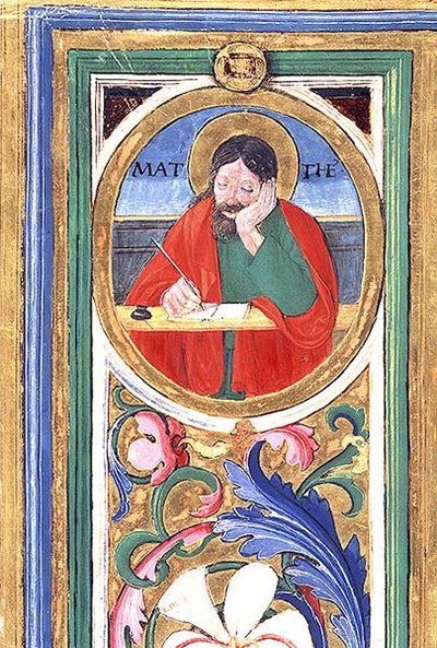 Ms 542 f.3v Św. Mateusz piszący pierwszą ewangelię z psałterza napisanej przez Don Appiano z kościoła Badia Fiorentina we Florencji autorstwa or di Giovanni Monte del Fora