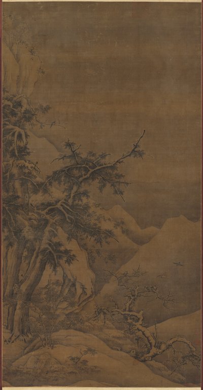 Ptaki w zagajniku w górzystym zimowym krajobrazie autorstwa possibly by Gao Tao