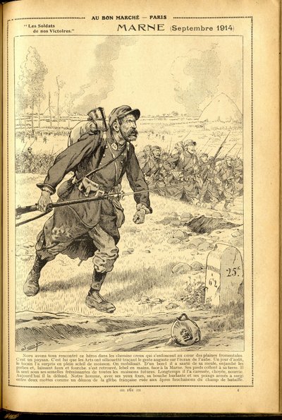 Dziennik Buvard du Bon Marche 1917 - Ilustracja Hioba (Jacques Marie (Jacques-Marie) Gaston Onfray i Breville) (1858-1931): Marna Wrzesień 1914 - Wojna 14-18, Marna, Wielkie Bitwy, Bitwa pod Marną - Żołnierze autorstwa pseudonym for Onfray de Breville Jacques Job
