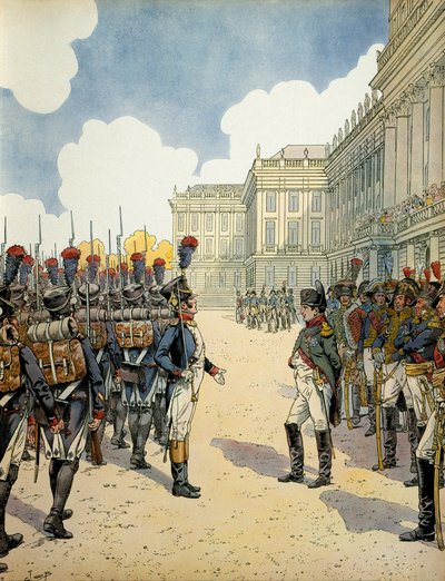 W Schoebrunn Napoleon I Bonaparte (1769-1821) dokonał przeglądu wojsk przed bitwą pod Wagram 5 i 6 lipca autorstwa pseudonym for Onfray de Breville Jacques Job