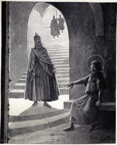 Bądź chrześcijaninem, uczynię cię rycerzem słowa Ludwika IX powiedział Święty Ludwik (1214-1270) do wodza gryki, który wszedł do więzienia, aby zostać rycerzem. Ilustracja Joba (Jacques Marie Gaston Onfray i Breville) (Jacques-Marie) (1858-1931) na t autorstwa pseudonym for Onfray de Breville Jacques Job