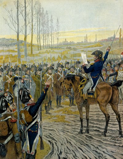 Kampania austriacka (1805): Proklamacja cesarza Napoleona I Bonaparte (1769-1821) do wojsk przed bitwą pod Austerlitz w dniu 2 grudnia 1805 r. W „”Napoleonie”” Georgesa Montorgueila. Ilustracja Jacques Marie Gaston Onfray de Breville dit JOB autorstwa pseudonym for Onfray de Breville Jacques Job