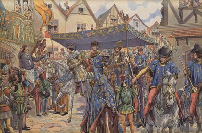 Tłumy na ulicach Paryża witają Ludwika XI przybywającego z Burgundii, aby przejąć swoje królestwo po śmierci ojca, Karola VII (kolor lito) autorstwa pseudonym for Onfray de Breville Jacques Job