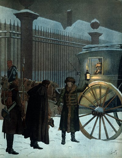Pokonał kampanię rosyjską i wrócił do Paryża: Napoleon I Bonaparte (1769-1821) w sedanie przybył do Tuileries 18 grudnia 1812 r. o godzinie 11 wieczorem po odwrocie Rosjan. W „”Napoleonie”” Georgesa Montorgueila. Ilustracja autorstwa J autorstwa pseudonym for Onfray de Breville Jacques Job