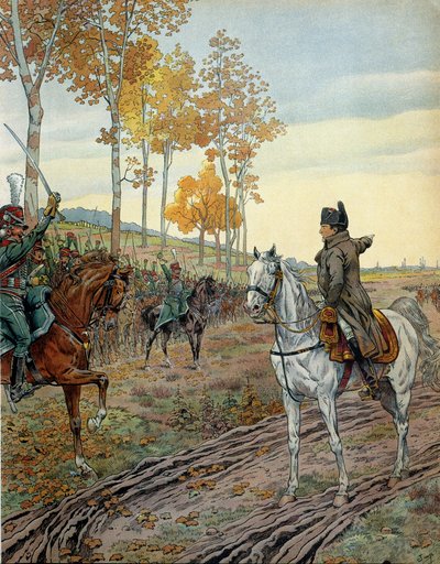 Cesarz Napoleon I Bonaparte (1769-1821) dowodził drugim pułkiem łowców konnych w 1806 r. podczas kampanii pruskiej (Niemcy) przed bitwą pod Ieną 14 października 1806 r. W „Napoleonie” Georgesa Montorgueila. Ilustracja Jacquesa Marie autorstwa pseudonym for Onfray de Breville Jacques Job