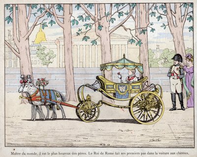 Cesarz Napoleon I Bonaparte (1769-1821) z synem Księciem Napoleonem Francois Karolem Józefem Bonaparte, który został królem Rzymu Napoleon II zwany później Aiglonem - Napoleon obserwujący króla Włoch (Napoleona II) stawiającego pierwsze kroki w autorstwa pseudonym for Onfray de Breville Jacques Job
