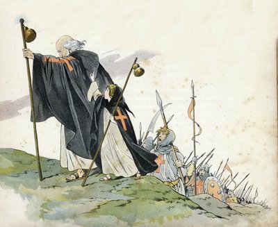 Pierwsza krucjata: Piotr Pustelnik (1050-1115) prowadzi krucjatę do okrzyku „Bóg tego chce!” . Jest ubrany w płaszcz, uderza krzyżem i trzyma bąbel pelerinowy. Towarzyszy jej mała dziewczynka symbolizująca Francję. w „” Francji, jej historia opowiedziana p autorstwa pseudonym for Onfray de Breville Jacques Job