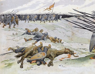 Wojna francusko-angielska (1202-1214): żołnierze, którzy zginęli w bitwie pod Bouvines 27.07.1214, która przeciwstawiła francuską armię Filipa Augusta flamandzkom i Welfom z Othona IV. w „Francja, jej historia opowiedziana przez G. Montorgueila, imagee by  autorstwa pseudonym for Onfray de Breville Jacques Job