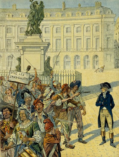 Rewolucja Francuska 1789: Napoleon I Bonaparte (1769-1821) zagrożony przez tłum majtek (bez majtek) 10 sierpnia 1792 r. w pobliżu posągu Ludwika XIV (1638-1715) autorstwa Desjardinsa przed jego obaleniem, Place des Victoires w Paryżu . Ilustracja autorstwa pseudonym for Onfray de Breville Jacques Job