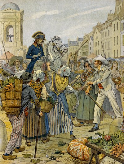 Rewolucja Francuska 1789: Napoleon I Bonaparte (1769-1821) stanął po stronie rewolucyjnej ludności i bez majtek (bez majtek) w Les Halles. Ilustracja Jacques Marie Gaston Onfray de Breville dit JOB (1858-1931). Prywatna kolekcja autorstwa pseudonym for Onfray de Breville Jacques Job