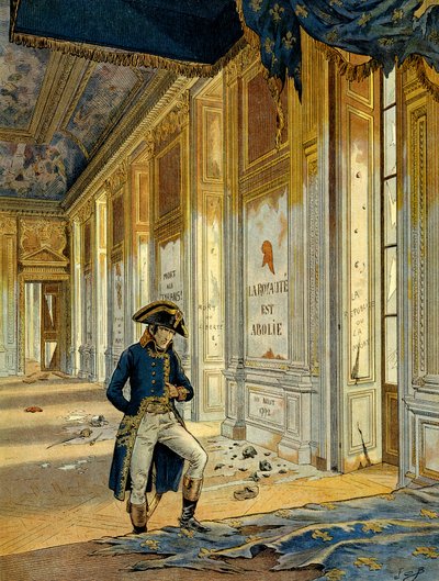 Rewolucja Francuska 1789: Napoleon I Bonaparte (1769-1821) w Sali Tronowej Pałacu Tuileries po przejściu rewolucjonistów, którzy splądrowali to miejsce. Na ścianie widnieje napis: „Królestwo zostało zniesione”. Ilustracja Jacquesa Marie Gastona Onfray autorstwa pseudonym for Onfray de Breville Jacques Job