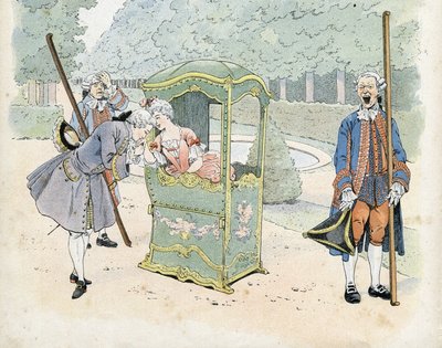 Francuska galanteria w XVIII wieku: młody mężczyzna całuje rękę kobiety na wózku inwalidzkim. w „Francja, jego historia opowiedziana przez G. Montorgueila, obraz red. Hiob” 1896. Zbiory prywatne. autorstwa pseudonym for Onfray de Breville Jacques Job