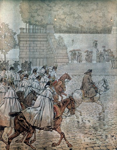 Kampania niemiecka w 1813: Napoleon I Bonaparte (1769-1821) i jego Sztab Generalny wrócili do Drezna po wygranej bitwie 26 i 27 sierpnia. W „”Napoleonie”” Georgesa Montorgueila. Ilustracja Jacques Marie Gaston Onfray de Breville dit J autorstwa pseudonym for Onfray de Breville Jacques Job