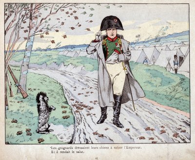 Grognards (Stara Gwardia Napoleona Bonaparte) szkolił swoje psy, by pozdrawiały cesarza - litografia autorstwa Joba (Jacques Onfroy de Breville) z „”Le Grand Napoleon des Petites Enfants””” 1893 autorstwa pseudonym for Onfray de Breville Jacques Job