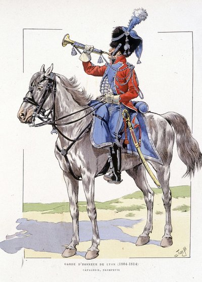Gwardia Honorowa Lyonu od 1804 do 1814 r. Jeździec na trąbce - w „Hue des troupes de France”, il. de Job autorstwa pseudonym for Onfray de Breville Jacques Job