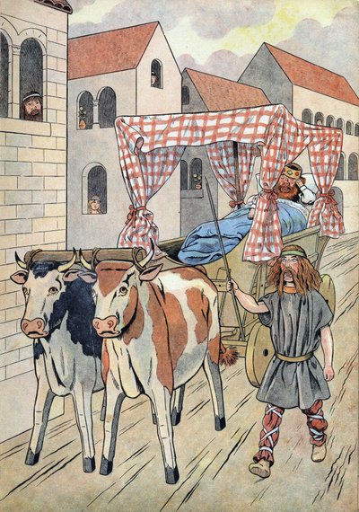 Historia Francji. Scena przedstawiająca leniwych królów w zabawkach: Król Francji Thierry III (673-691) niesie w czołgu z łóżkiem ciągniętym przez woły. W „” Joujoux a l