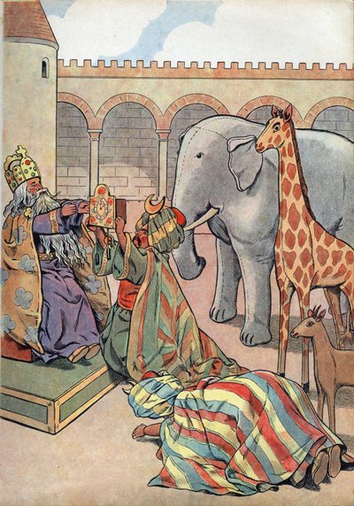 Historia Francji. Scena z życia Karola Wielkiego w zabawkach: Kalif Haron Al Raszid (Haron-Al-Rachid) daje królowi Francji Karolowi Wielkiemu (742-814) żyrafę, słonia i zegar. W „” Joujoux a l