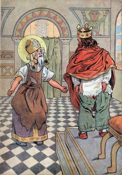 Historia Francji. Scena z życia króla Dagoberta z zabawkami: Święty Eloi (v.588-659) zwraca uwagę królowi Francji Dagobertowi I (602 lub 605-638 lub 639), że jego spodnie były postawione do góry nogami (majtki do góry nogami). W „” Joujoux a l