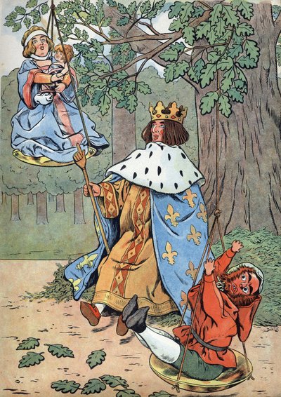 Historia Francji. Scena z życia św. Ludwika w zabawkach: Król Ludwik IX zwany św. Ludwikiem (1214-1270) wymierza sprawiedliwość u stóp dębu. W „” Joujoux a l