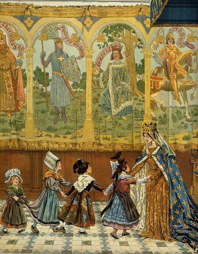 Historia Francji w średniowieczu (średniowiecze): Alegoria prowincji francuskich poświadczała koronę Francji za panowania króla Ludwika XI zwanego Roztropnym (1423-1483). Ilustracja Jacques Marie Gaston Onfray de Breville dit JOB (1858-1931) autorstwa pseudonym for Onfray de Breville Jacques Job