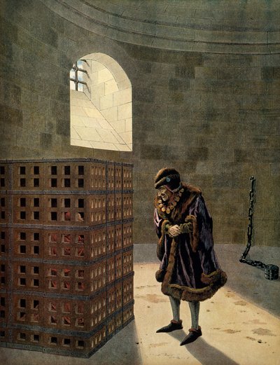 Historia Francji w średniowieczu (średniowiecze): kardynał Jean Balue (1422-1491) więzień w jednej ze słynnych klatek króla Francji Ludwika XI zwanego Roztropnym (1423-1483) Ilustracja Jacques Marie Gaston Onfray de Breville dit PRACA (1858-1931) autorstwa pseudonym for Onfray de Breville Jacques Job