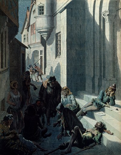 Historia Francji w średniowieczu (średniowiecze): Francois de Montcorbier znany jako Francois Villon (1431-1463?) , poeta, komponujący swoje utwory w nędzy ulic Paryża. Ilustracja Jacques Marie Gaston Onfray de Breville dit JOB (1858-1931) autorstwa pseudonym for Onfray de Breville Jacques Job