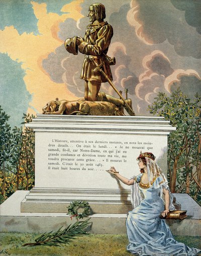 Historia Francji w średniowieczu (średniowiecze): Grób króla Francji Ludwika XI zwanego Roztropnym (1423-1483) w Notre Dame de Clery (Notre-Dame-de-Clery), Dolina Loary. Ilustracja Jacques Marie Gaston Onfray de Breville dit JOB (1858-1931) autorstwa pseudonym for Onfray de Breville Jacques Job