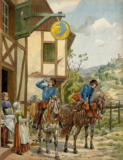 Historia Francji w średniowieczu (średniowiecze): usługi pocztowe za panowania króla Ludwika XI zwanego Roztropnym (1423-1483). Stacjonowanie poczty konnej w karczmie. Ilustracja Jacques Marie Gaston Onfray de Breville dit JOB (1858-1931) autorstwa pseudonym for Onfray de Breville Jacques Job