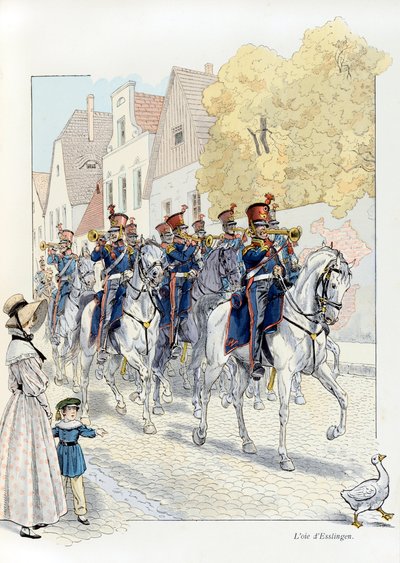 Ilustracja z książki „A la Glory des Betes” tekst A Fabre, rysunki Jacques Marie Gaston Onfray de Breville dit JOB (1858-1931), wydawca Maison Alfred Mame et fils: L’oie d’Esslingen (w 1833 r., maskotka pułku, maszeruje na czele, Collect autorstwa pseudonym for Onfray de Breville Jacques Job
