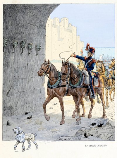 Ilustracja z książki „A la gloire des betes”” tekst A Fabre, rysunki Jacques Marie Gaston Onfray de Breville dit JOB (1858-1931), wydawca Maison Alfred Mame et fils: Pudel Mitraille (pudel prosty w 2. artylerii pułk, był autorstwa pseudonym for Onfray de Breville Jacques Job