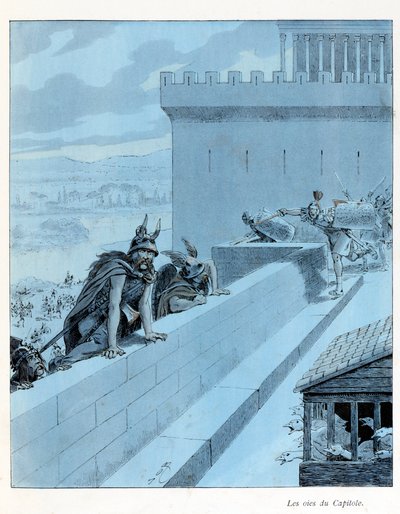 Ilustracja z książki „A la Glory des Betes” tekst A Fabre, rysunki Jacques Marie Gaston Onfray de Breville dit JOB (1858-1931), redaktor Maison Alfred Mame et fils: Les goies du Capitole (890 pne), les Galowie oblężenie Rzymu, kolekcja częściowa autorstwa pseudonym for Onfray de Breville Jacques Job