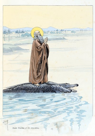 Ilustracja z książki „A la Glory des Betes” tekst A Fabre, rysunki Jacques Marie Gaston Onfray de Breville dit JOB (1858-1931), redaktor Maison Alfred Mame et fils: Saint Pacome (opactwo 292-348) oraz Krokodyle, kolekcja prywatna autorstwa pseudonym for Onfray de Breville Jacques Job