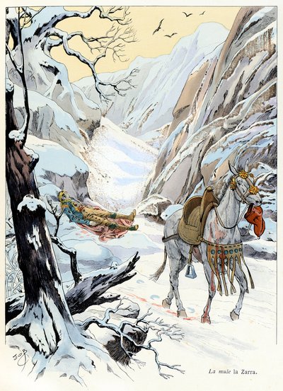 Ilustracja z książki „A la Glory des Betes”” tekst A Fabre, rysunki Jacques Marie Gaston Onfray de Breville dit JOB (1858-1931), wydawca Maison Alfred Mame i syn: La mule 