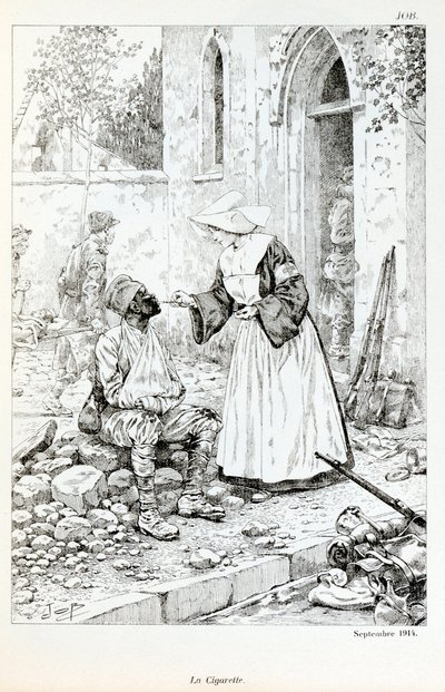 Ilustracja z książki „La Grande Guerre par les artistes””: „”La cigarette Septembre 1914””” zakonnik wręczający papierosa rannemu żołnierzowi, Jacques Marie Gaston Onfray de Breville dit JOB (1858-1931), Partial Collection autorstwa pseudonym for Onfray de Breville Jacques Job