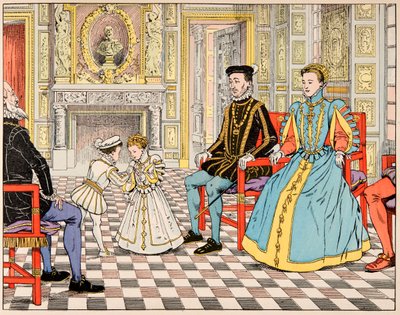 Ilustracja z książki „Le bon roy Henri”, zilustrowana przez Jacques Marie Gaston Onfray de Breville dit JOB (1858-1931): Antoine de Bourbon zabrał go do Paryża i przedstawił kuzynowi Henrykowi II, który podał mu rękę córka Małgorzata de autorstwa pseudonym for Onfray de Breville Jacques Job