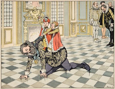 Ilustracja z książki „Le bon roy Henri”, ilustracja Jacques Marie Gaston Onfray de Breville dit JOB (1858-1931): Przed ambasadorem Hiszpanii Henryk IV bawi się ze swoimi dziećmi – kolekcja prywatna autorstwa pseudonym for Onfray de Breville Jacques Job