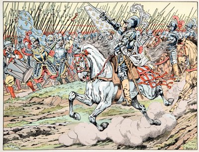 Ilustracja zaczerpnięta z książki „Le bon roy Henri””, ilustrowana przez Jacques Marie Gaston Onfray de Breville dit JOB (1858-1931): Henri IV przed swoją armią: Follow mon plume blanc - kolekcja prywatna autorstwa pseudonym for Onfray de Breville Jacques Job