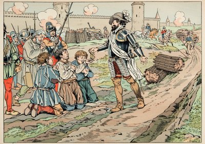 Ilustracja zaczerpnięta z książki „Le bon roy Henri””, ilustrowana przez Jacques Marie Gaston Onfray de Breville dit JOB (1858-1931): Henryk IV daje pieniądze i uwalnia chłopów, którzy próbowali wprowadzić żywność do Paryża - Kolekcja prywatna autorstwa pseudonym for Onfray de Breville Jacques Job