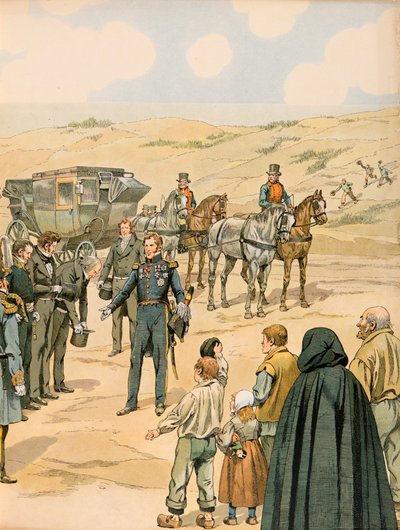 Jacques Marie Gaston Onfroy de Breville dit JOB (1858-1931) - Historia Belgii: Leopold 1, er (1790 - 1865) Książę Saksonii Cobourg - Gotha zostaje powitany w La Panne przez władze belgijskie 17 lipca autorstwa pseudonym for Onfray de Breville Jacques Job