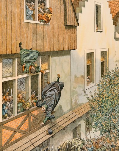 Jacques Marie Gaston Onfroy de Breville dit JOB (1858-1931) - Historia Belgii: Defenestracja patrycjusza Echevinsa z Leuven w 1419 r., kolekcja prywatna autorstwa pseudonym for Onfray de Breville Jacques Job