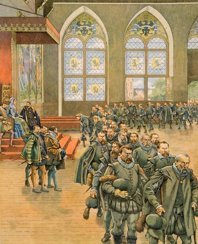 Jacques Marie Gaston Onfroy de Breville dit JOB (1858-1931) - Historia Belgii: państwo Gueux przedstawiają swoje pełne szacunku protesty Marguerite de Parma (1522-1586), guwernantce Holandii za Filipa II (1527-1598), w 1566 roku, Prywatna kolekcja autorstwa pseudonym for Onfray de Breville Jacques Job