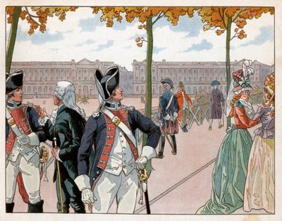Joachim Murat (1767-1815) i Bessieres w Paryżu w 1791 r. w stroju królewskiej gwardii konstytucyjnej. Grawerowanie: Jacques Marie Gaston Onfray de Breville dit Job (1858-1931) autorstwa pseudonym for Onfray de Breville Jacques Job