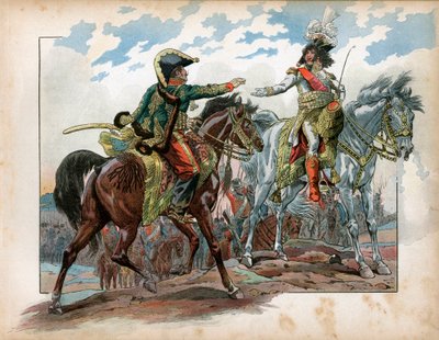 Joachim Murat (1767-1815) i generał Antoine Charles Louis de La Salle (Lasalle) (1775-1809) podczas bitwy pod Heilsbergiem w 1807 r. Grawer Jacques Marie Gaston Onfray de Breville dit Job (1858-1931) autorstwa pseudonym for Onfray de Breville Jacques Job