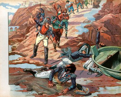 Joachim Murat (1767-1815), dechu król Neapolu, wzięty do niewoli w Pizzo w Kalabrii przez wrogi tłum w 1815 r. Grawer Jacques Marie Gaston Onfray de Breville dit Job (1858-1931) autorstwa pseudonym for Onfray de Breville Jacques Job