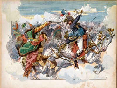 Joachim Murat (1767-1815) podczas bitwy pod Aboukir w 1799 r., podczas wyprawy do Egiptu, po postrzeleniu w szczękę, pojmał generała Mustafę Paszę; po bitwie został generałem dywizji. Grawerowanie: Jacques Marie Gaston Onfra autorstwa pseudonym for Onfray de Breville Jacques Job
