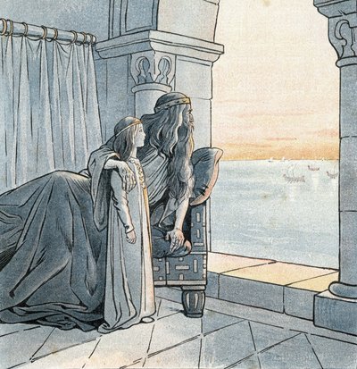 Król Karol Wielki (Karol I zwany Karolem Wielkim, 742-814) obserwuje przybycie drakkarów Wikingów nad Sekwaną w IX wieku. w „Francja, jego historia opowiedziana przez G. Montorgueila, obrazowana przez Hioba”” 1896. Zbiory prywatne. autorstwa pseudonym for Onfray de Breville Jacques Job