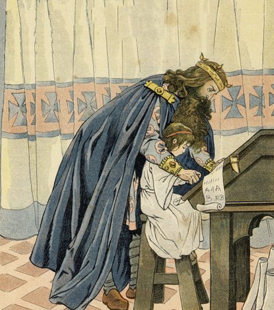Król Karol Wielki (Karol I, znany jako Karol Wielki, 742-814) kształci małe dziecko i wymyśla szkołę. w „Francja, jego historia opowiedziana przez G. Montorgueila, obrazowana przez Hioba” 1896. Zbiory prywatne. autorstwa pseudonym for Onfray de Breville Jacques Job