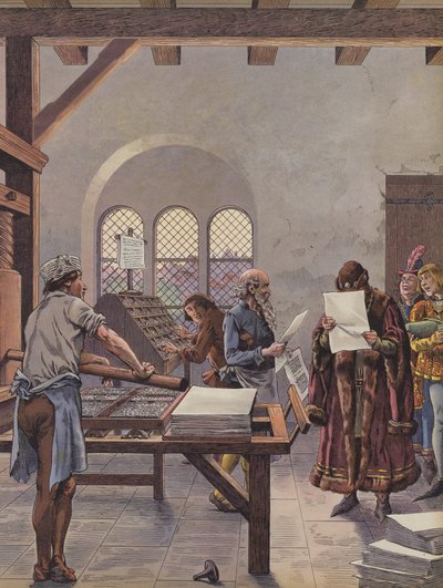 Król Ludwik XI czyta dokument wydrukowany na prasie (kolor lito) autorstwa pseudonym for Onfray de Breville Jacques Job